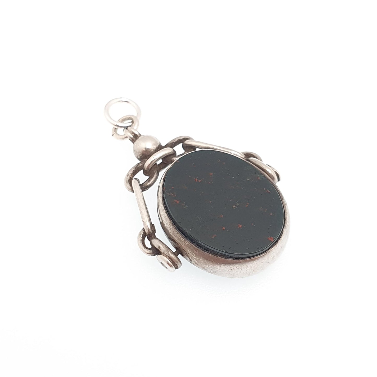 Antique Sterling Silver Bloodstone Spinner Fob Necklace Victorian Pendant Carnelian Vintage Mens Womens Jewelry Jewellery
