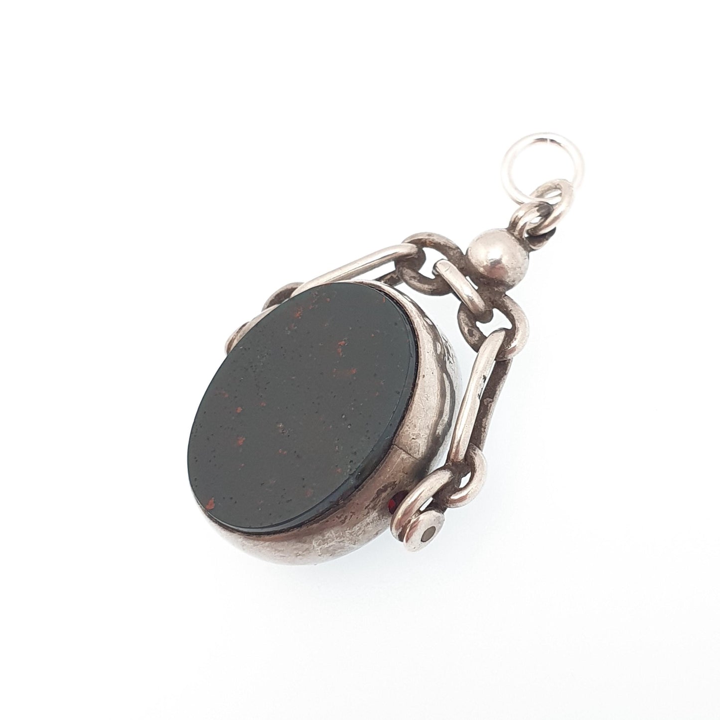 Antique Sterling Silver Bloodstone Spinner Fob Necklace Victorian Pendant Carnelian Vintage Mens Womens Jewelry Jewellery