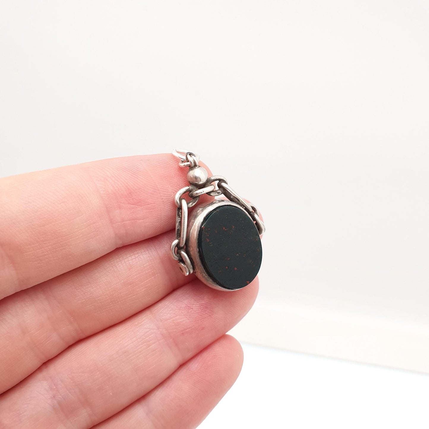 Antique Sterling Silver Bloodstone Spinner Fob Necklace Victorian Pendant Carnelian Vintage Mens Womens Jewelry Jewellery