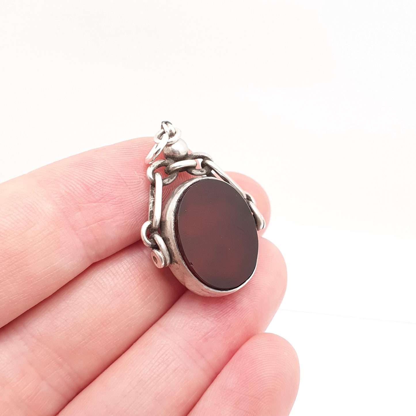 Antique Sterling Silver Bloodstone Spinner Fob Necklace Victorian Pendant Carnelian Vintage Mens Womens Jewelry Jewellery