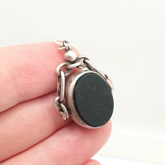 Antique Sterling Silver Bloodstone Spinner Fob Necklace Victorian Pendant Carnelian Vintage Mens Womens Jewelry Jewellery