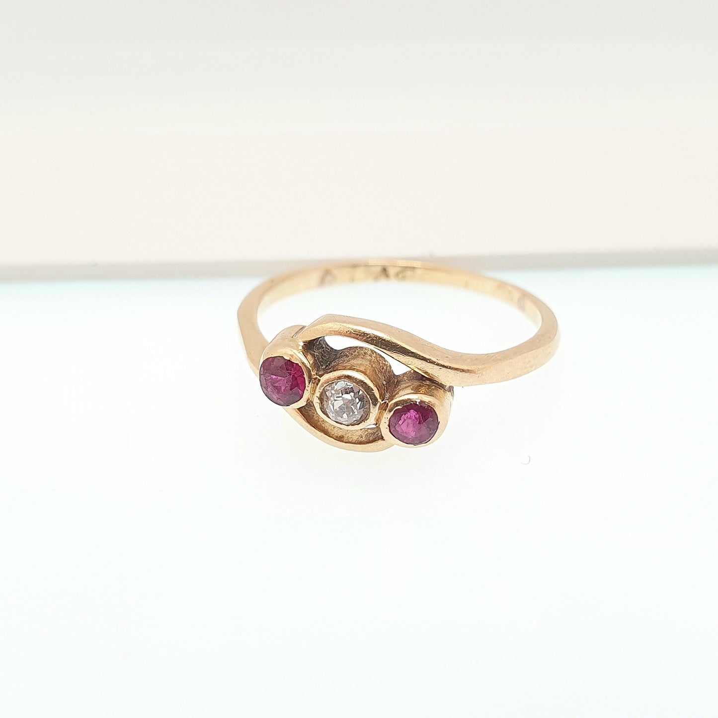 Antique 18ct 18k Gold Ruby & Diamond Ring Crossover 18k Solid 750  Trilogy Old Cut Victorian Sparkly Gemstone Womens Vintage Jewelry