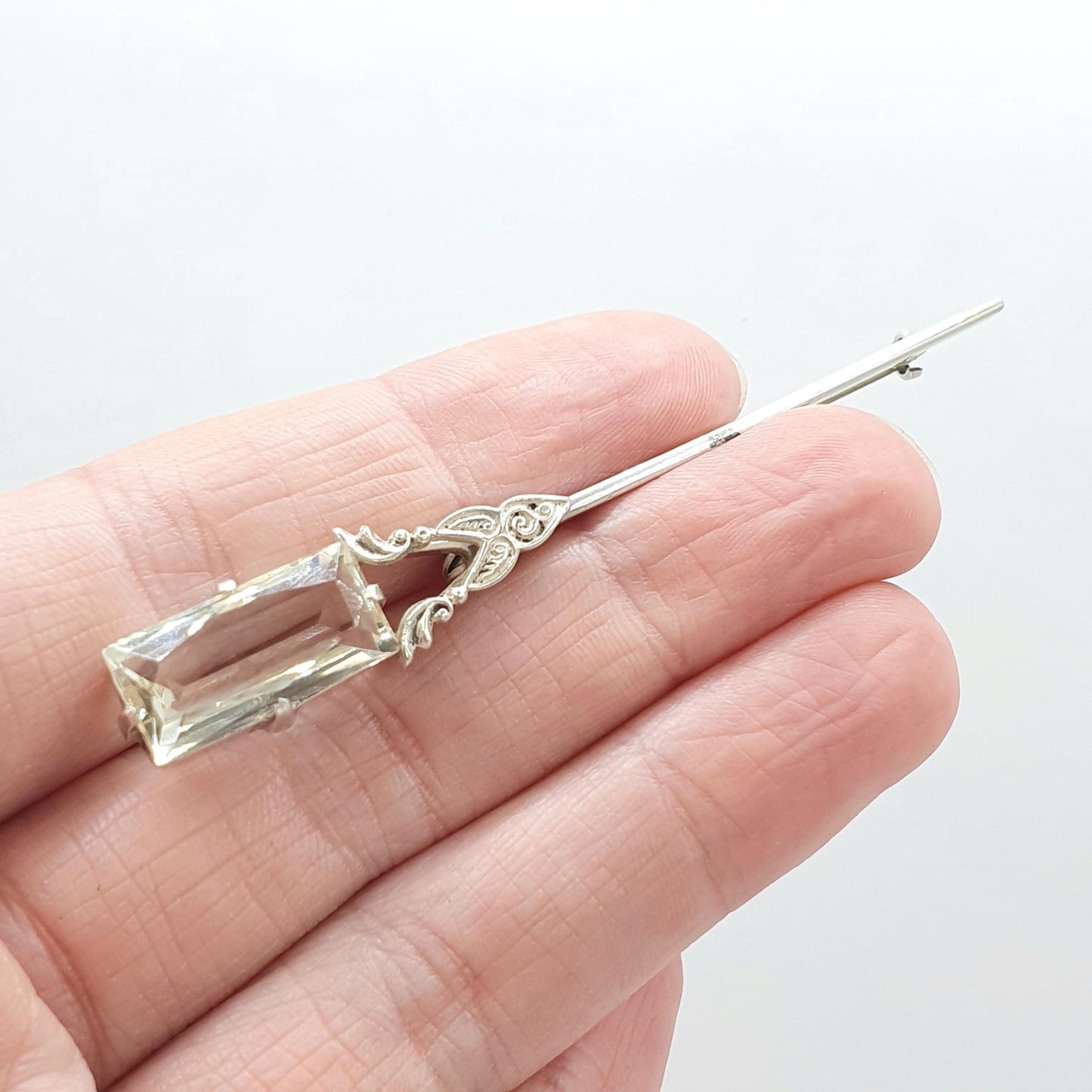 Antique Sterling Silver Rock Crystal Quartz Brooch Art Deco Clear Gemstone Rectangular Cut Womens Ladies Jewelry Jewellery Vintage