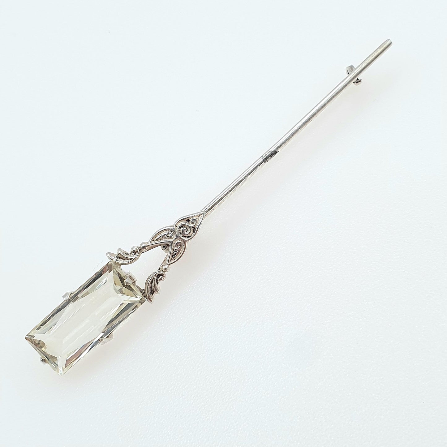 Antique Sterling Silver Rock Crystal Quartz Brooch Art Deco Clear Gemstone Rectangular Cut Womens Ladies Jewelry Jewellery Vintage