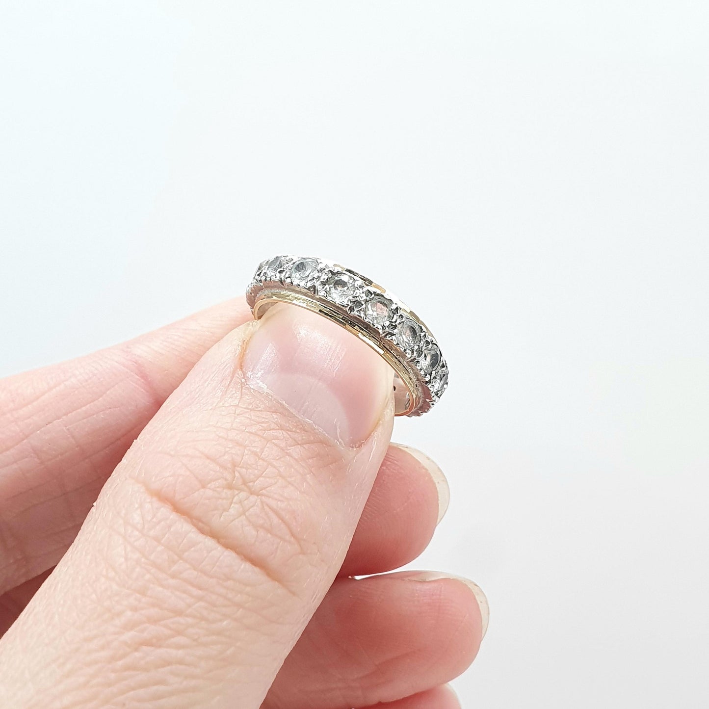 Old Vintage 9ct Gold & Solid Silver White Spinel Eternity Ring Infinity Round Cut White Gemstone Womens Jewelry Jewellery