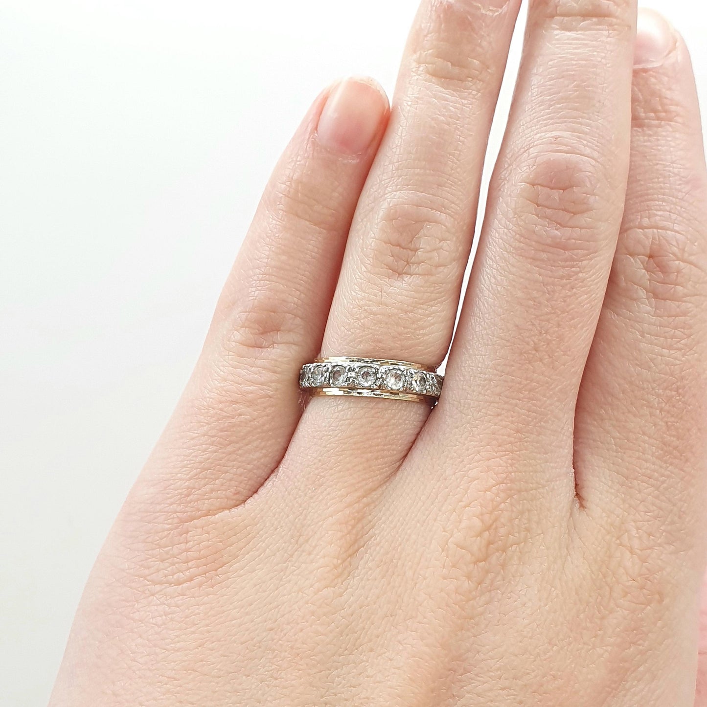 Old Vintage 9ct Gold & Solid Silver White Spinel Eternity Ring Infinity Round Cut White Gemstone Womens Jewelry Jewellery