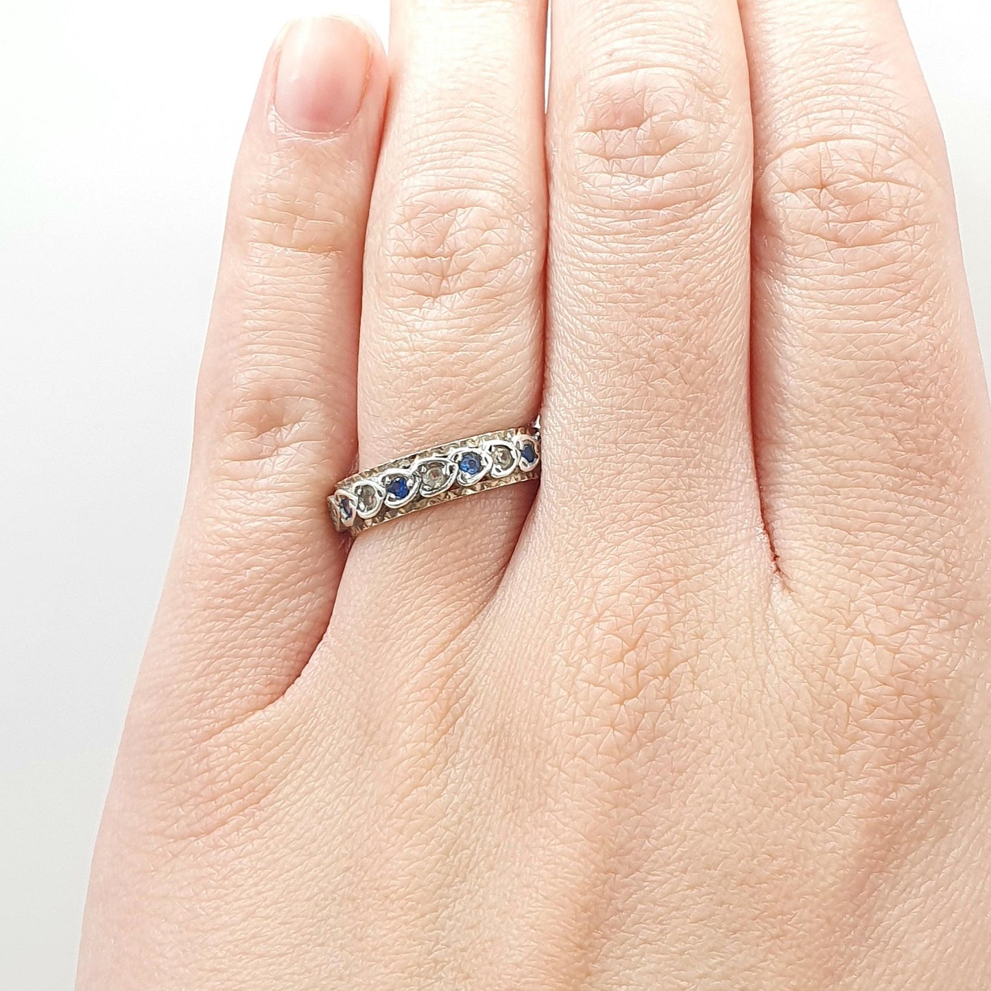 Antique Art Deco 9ct Gold & Solid Silver Blue and White Spinel Eternity Ring Heart Border Jewelry Jewellery