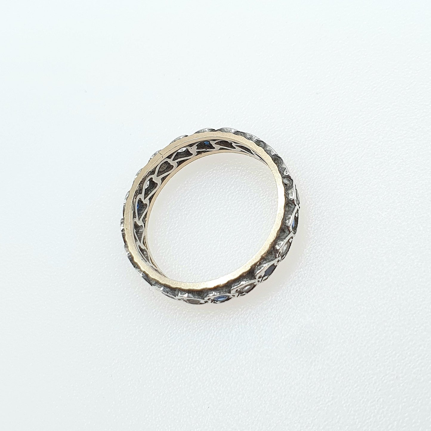 Antique Art Deco 9ct Gold & Solid Silver Blue and White Spinel Eternity Ring Heart Border Jewelry Jewellery