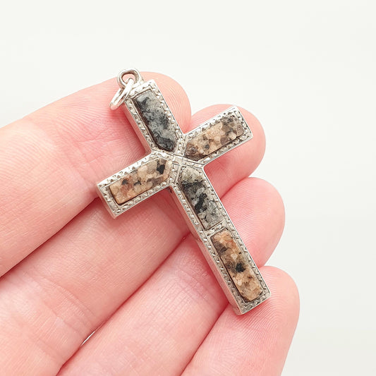 Antique Victorian Solid Silver Aberdeenshire Granite Cross Necklace Pendant Scottish Crucifix Big Large Vintage Jewelry Jewellery