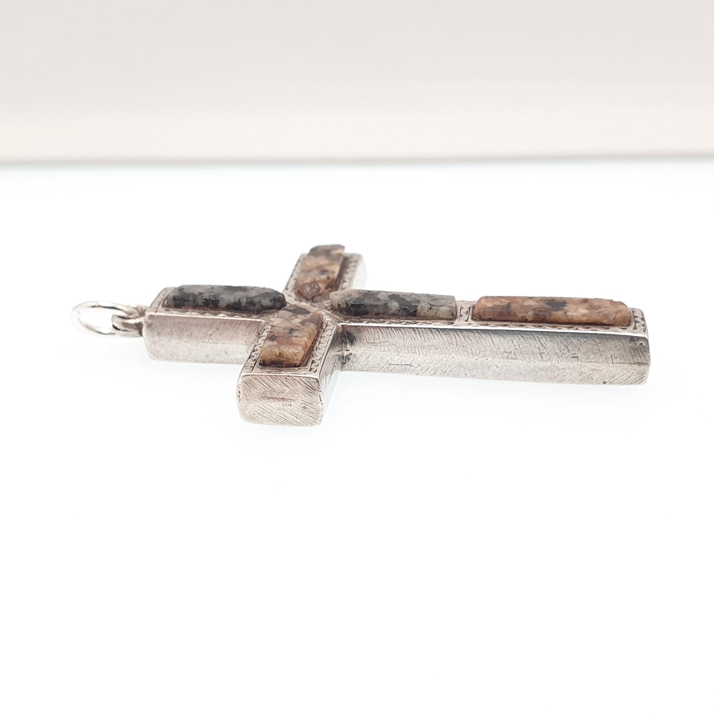 Antique Victorian Solid Silver Aberdeenshire Granite Cross Necklace Pendant Scottish Crucifix Big Large Vintage Jewelry Jewellery