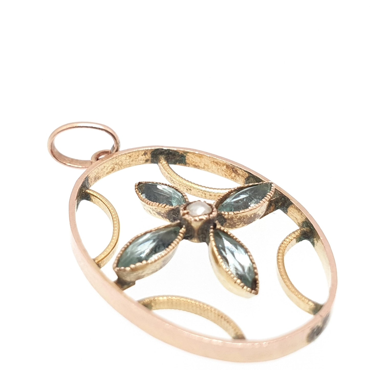 Antique 9ct Gold Aquamarine Paste Necklace Pendant Solid 375 9k Seed Pearl Art Nouveau Vintage Womens Jewelry Jewellery