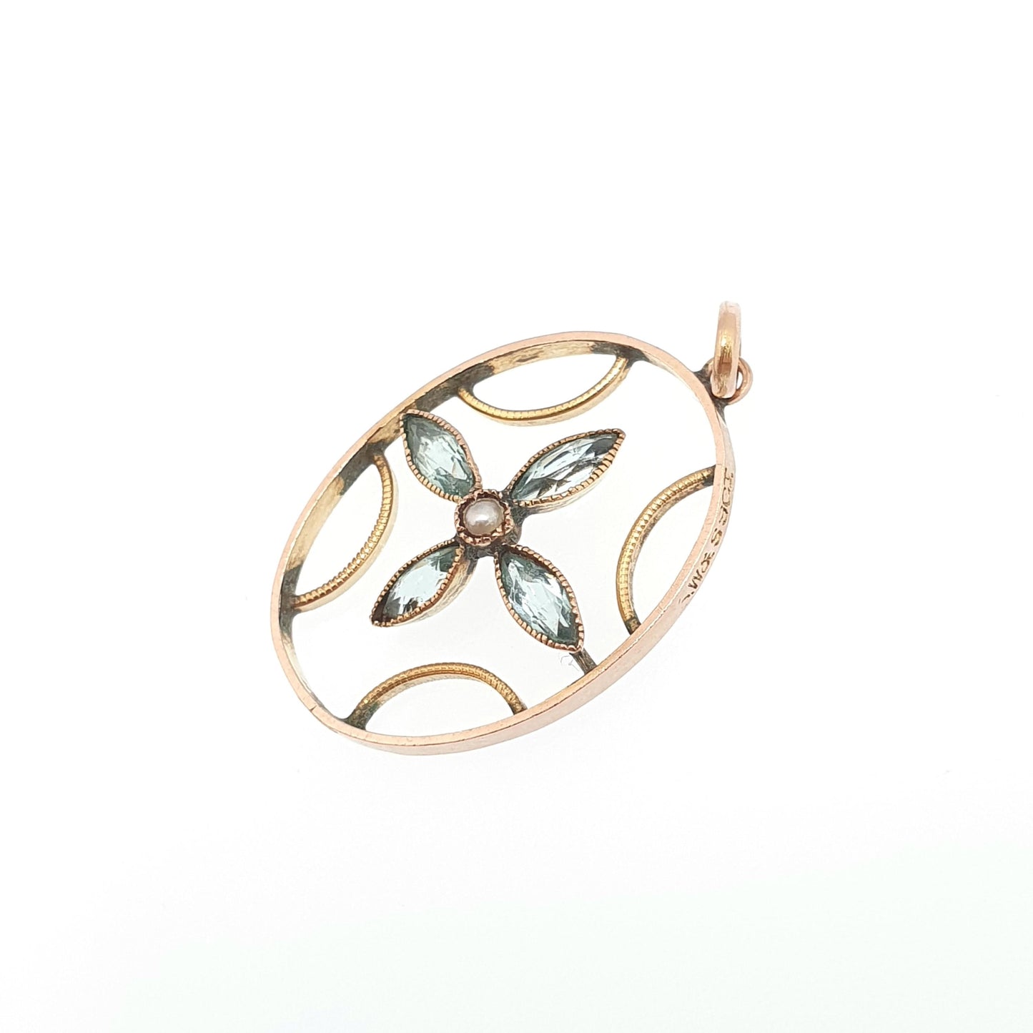 Antique 9ct Gold Aquamarine Paste Necklace Pendant Solid 375 9k Seed Pearl Art Nouveau Vintage Womens Jewelry Jewellery