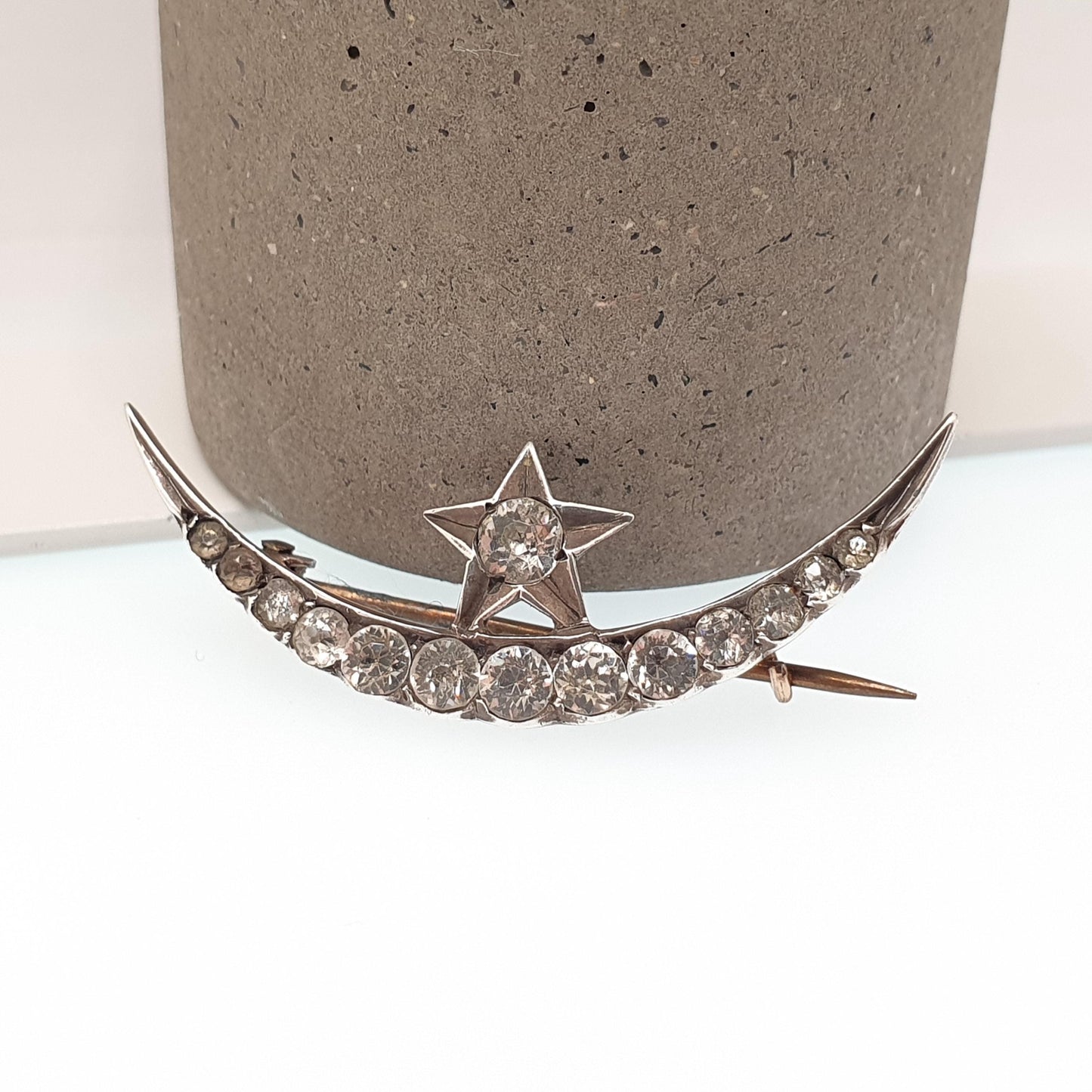 Antique Victorian Crescent Moon & Star Solid Silver Brooch Pin Diamond Paste Vintage Celestial 1800s Jewellery Jewelry