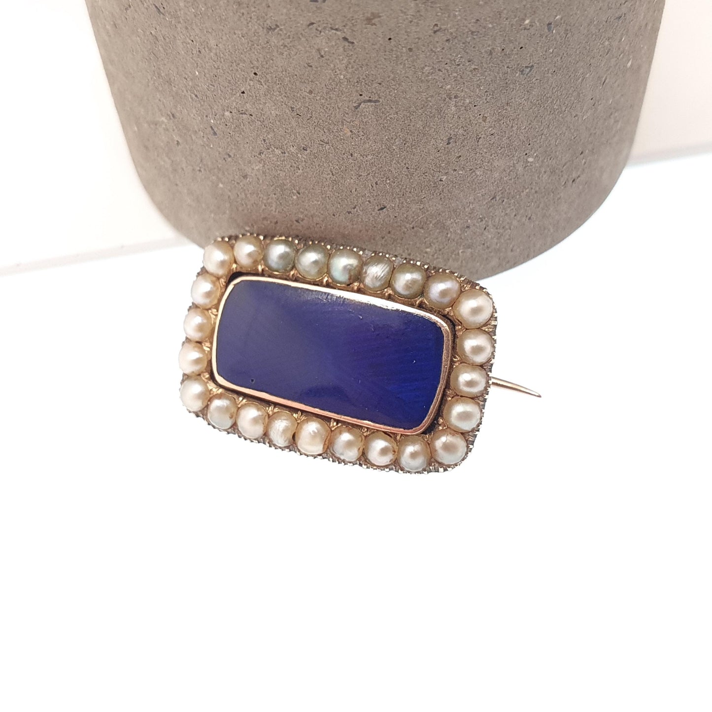 Antique Victorian 15ct Gold Blue Enamel Brooch Seed Pearl Border Solid 15 Carat 15k Genuine Vintage Womens Jewelry Jewellery