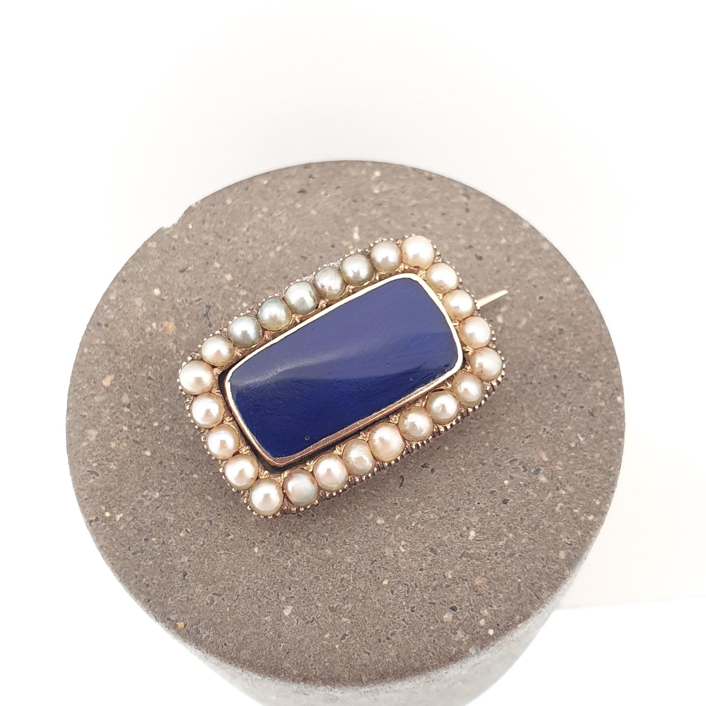 Antique Victorian 15ct Gold Blue Enamel Brooch Seed Pearl Border Solid 15 Carat 15k Genuine Vintage Womens Jewelry Jewellery