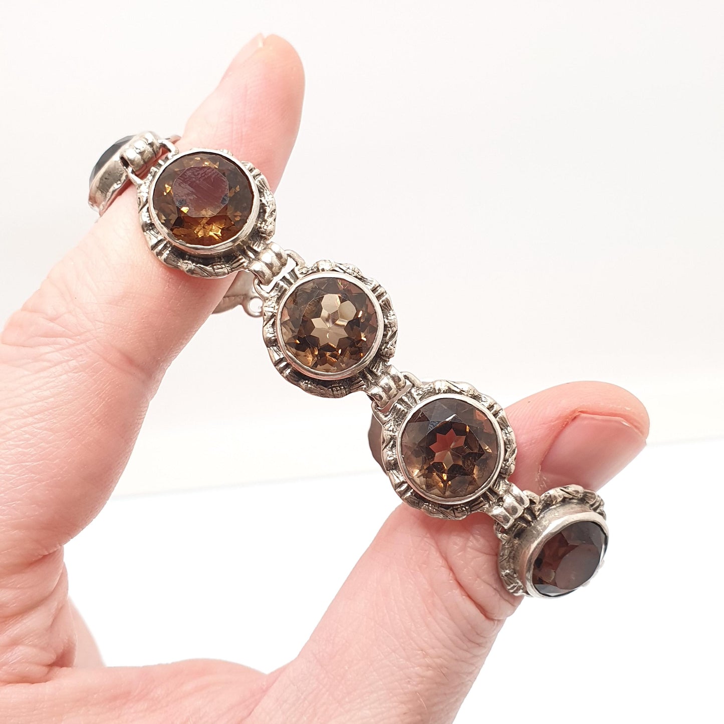 Antique Smoky Quartz Sterling Silver Bracelet Scottish Cairngorm Smokey Brown Genuine Gemstone Celtic Scotland Vintage Jewelry Jewellery