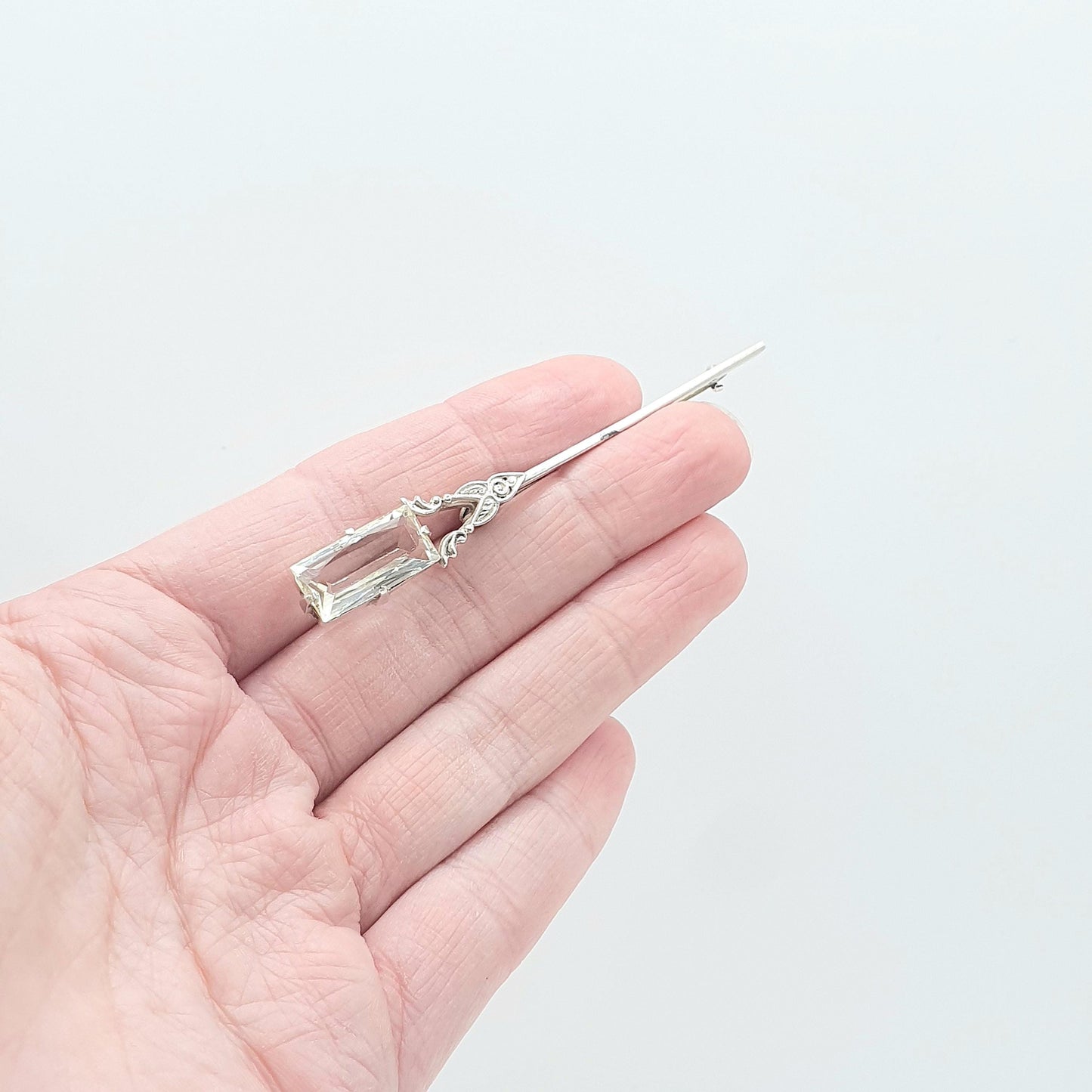 Antique Sterling Silver Rock Crystal Quartz Brooch Art Deco Clear Gemstone Rectangular Cut Womens Ladies Jewelry Jewellery Vintage