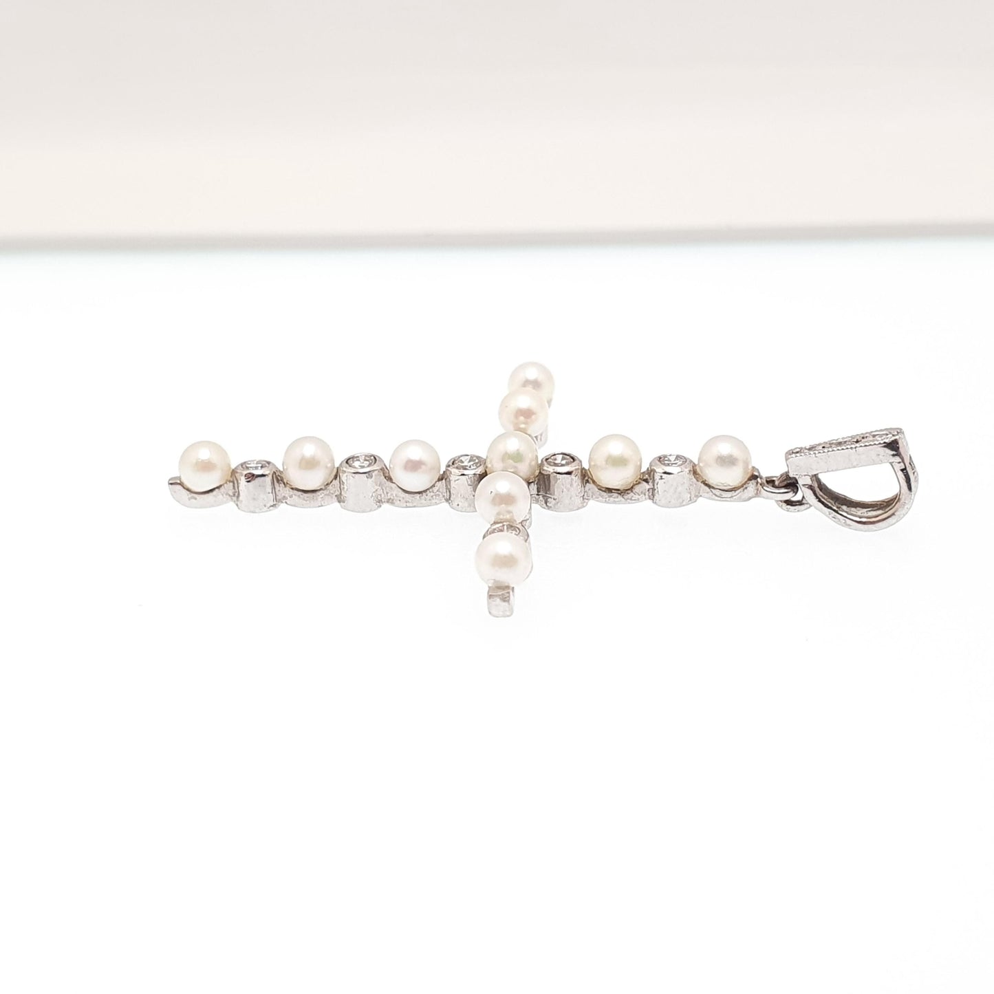 Antique Art Deco 18ct White Gold Diamond Cross Pendant Cultured Pearl Crucifix Necklace Brilliant Cut Solid 750 18k 18kt Vintage