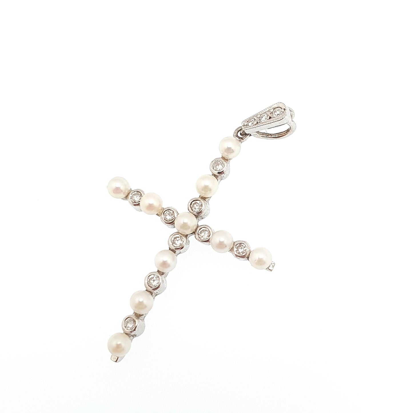 Antique Art Deco 18ct White Gold Diamond Cross Pendant Cultured Pearl Crucifix Necklace Brilliant Cut Solid 750 18k 18kt Vintage