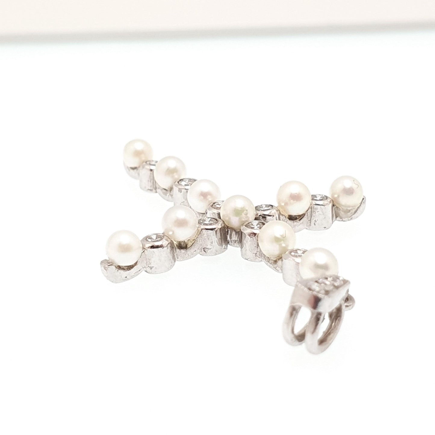 Antique Art Deco 18ct White Gold Diamond Cross Pendant Cultured Pearl Crucifix Necklace Brilliant Cut Solid 750 18k 18kt Vintage
