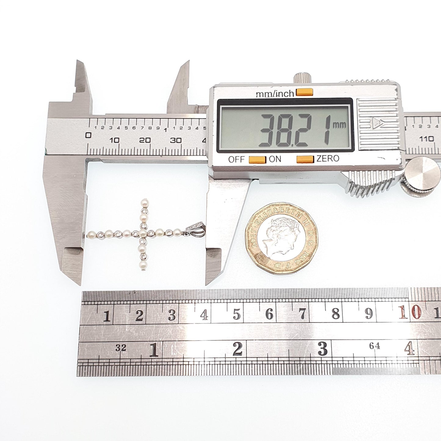 Antique Art Deco 18ct White Gold Diamond Cross Pendant Cultured Pearl Crucifix Necklace Brilliant Cut Solid 750 18k 18kt Vintage