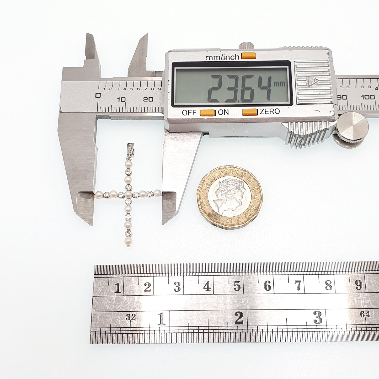 Antique Art Deco 18ct White Gold Diamond Cross Pendant Cultured Pearl Crucifix Necklace Brilliant Cut Solid 750 18k 18kt Vintage