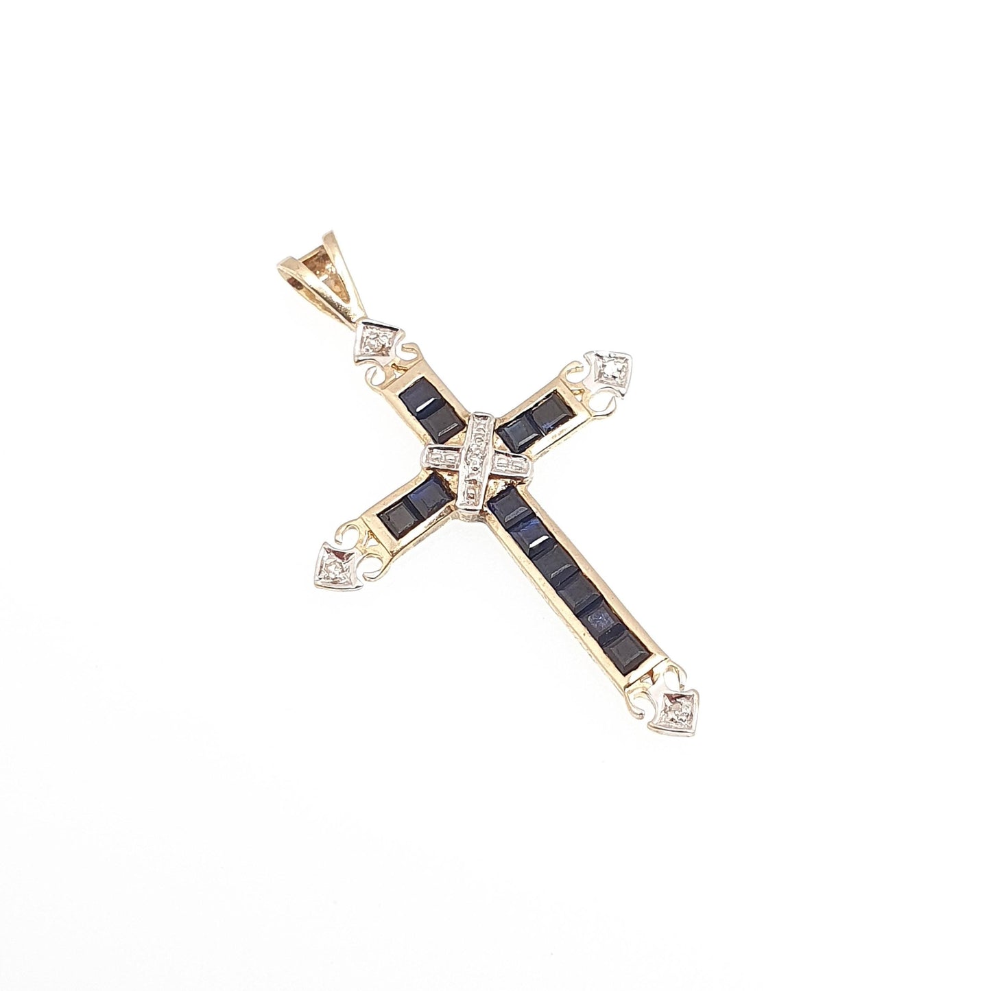Vintage 9k 9ct Gold Sapphire & Diamond Cross Crucifix Necklace Pendant Solid 375 9kt Square Cut Channel Set Jewelry Jewellery