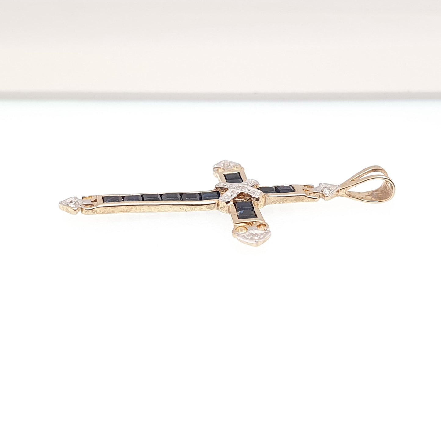 Vintage 9k 9ct Gold Sapphire & Diamond Cross Crucifix Necklace Pendant Solid 375 9kt Square Cut Channel Set Jewelry Jewellery