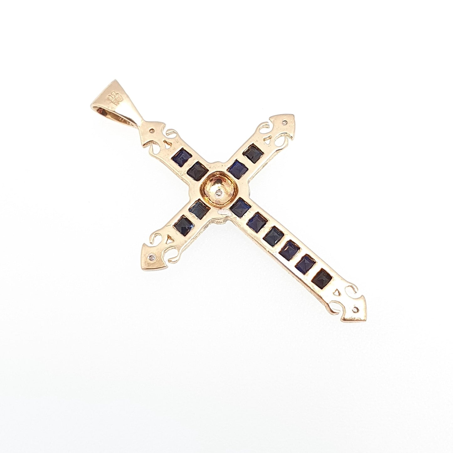 Vintage 9k 9ct Gold Sapphire & Diamond Cross Crucifix Necklace Pendant Solid 375 9kt Square Cut Channel Set Jewelry Jewellery