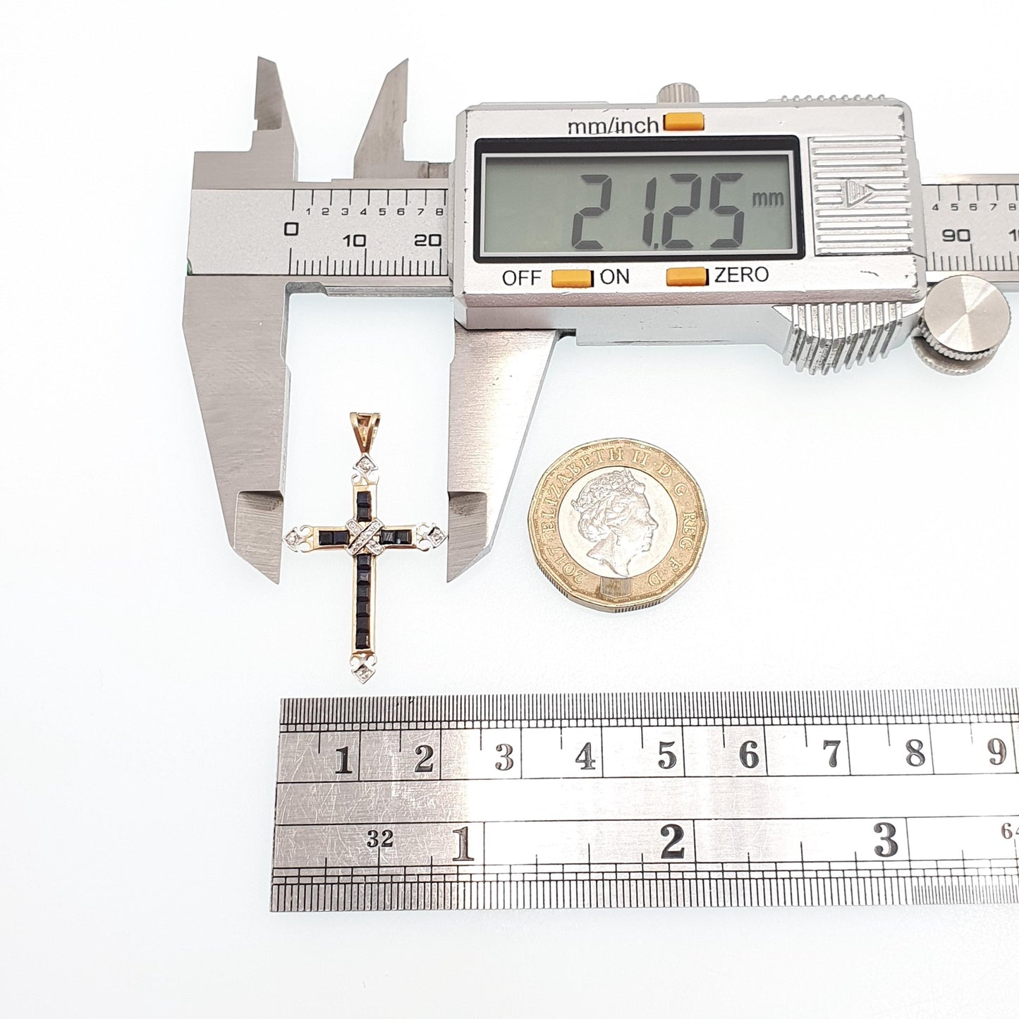 Vintage 9k 9ct Gold Sapphire & Diamond Cross Crucifix Necklace Pendant Solid 375 9kt Square Cut Channel Set Jewelry Jewellery