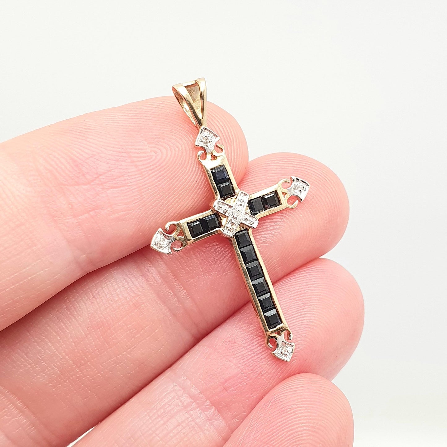 Vintage 9k 9ct Gold Sapphire & Diamond Cross Crucifix Necklace Pendant Solid 375 9kt Square Cut Channel Set Jewelry Jewellery