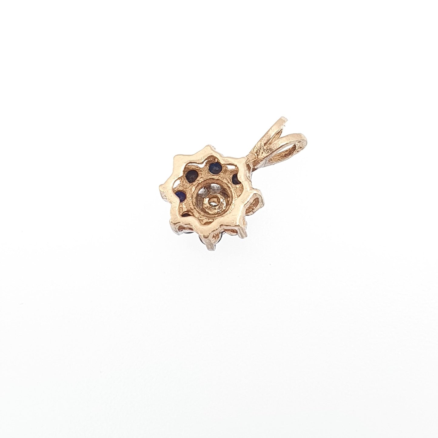 Vintage 9k 9ct Gold Sapphire & Diamond Necklace Cluster Pendant Halo Solid 375 Yellow Womens Jewelry Retro Jewellery