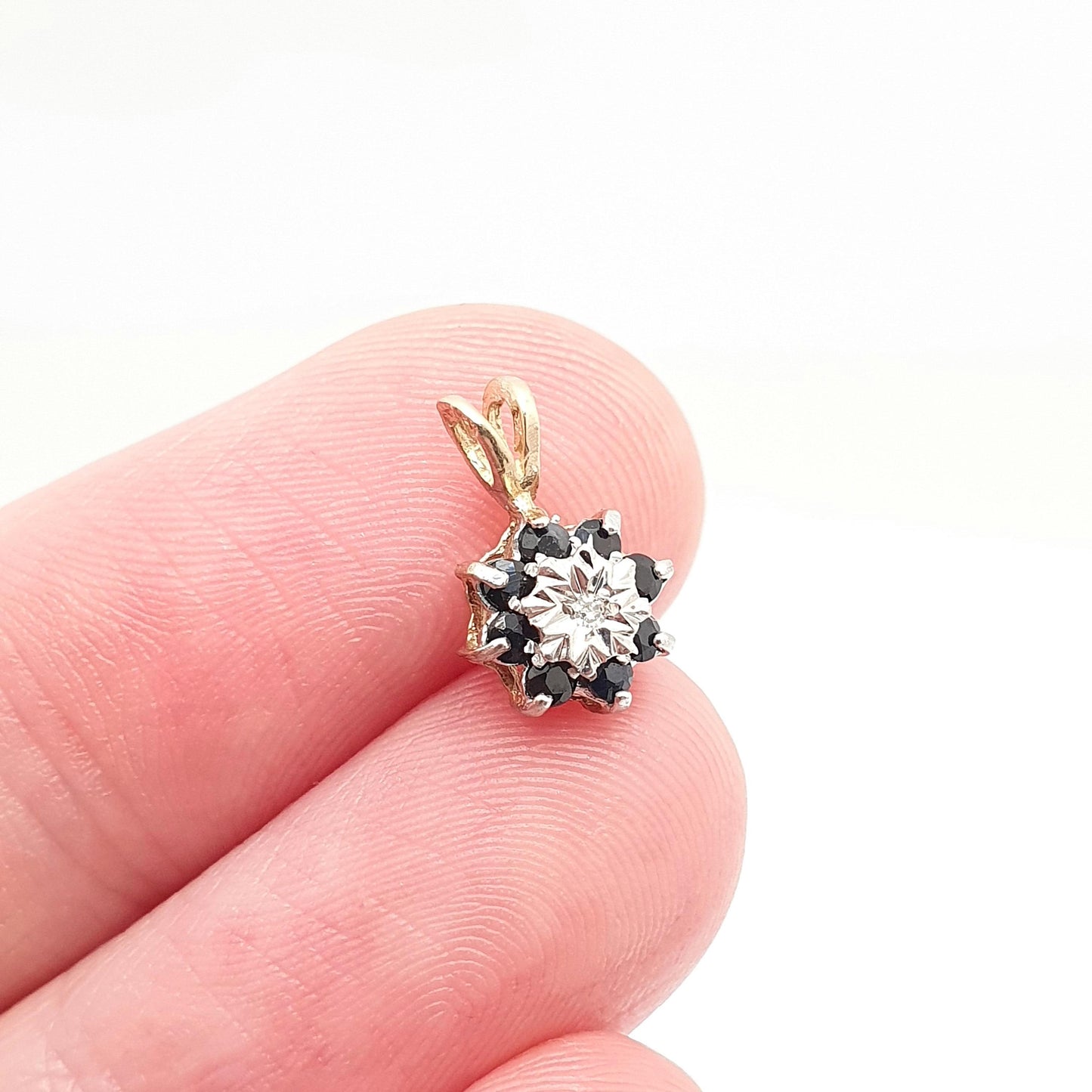 Vintage 9k 9ct Gold Sapphire & Diamond Necklace Cluster Pendant Halo Solid 375 Yellow Womens Jewelry Retro Jewellery