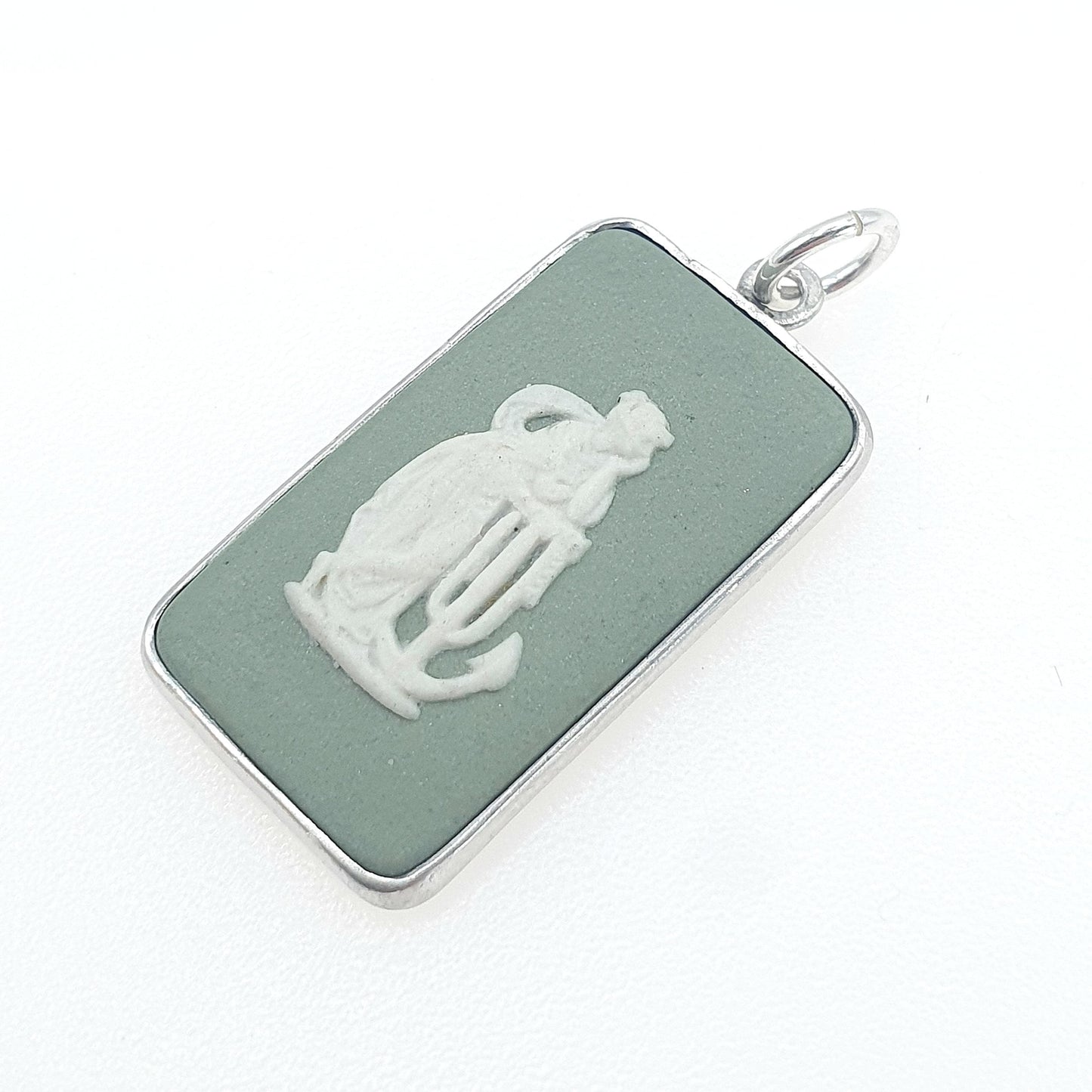 Vintage Sterling Silver Wedgwood Pendant Green Jasperware Rectangular Necklace Womens Jewelry Jewellery Mens