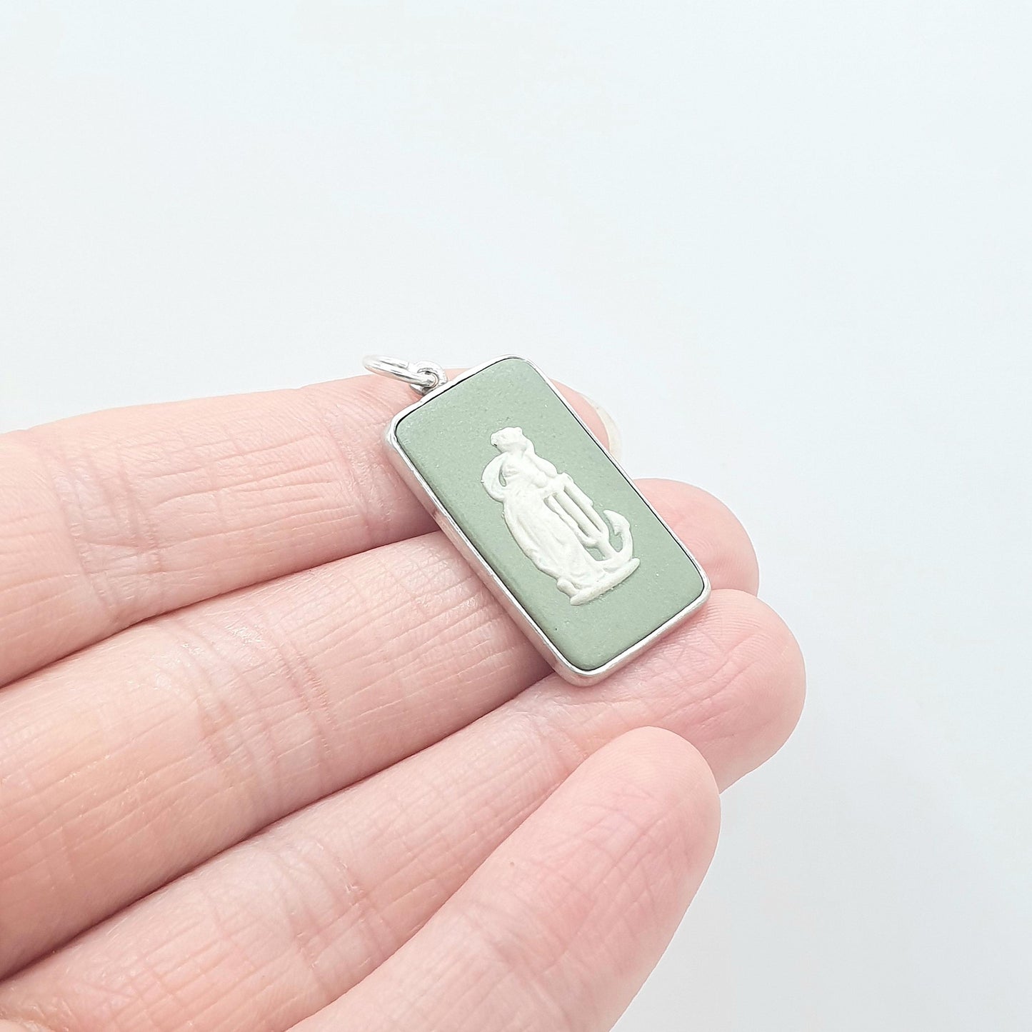 Vintage Sterling Silver Wedgwood Pendant Green Jasperware Rectangular Necklace Womens Jewelry Jewellery Mens