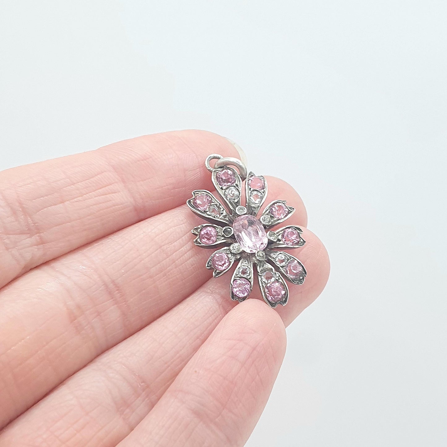 Antique Victorian Solid Silver Pink & White Paste Flower Pendant Handmade Art Nouveau Vintage Necklace Womens Jewelry Mens Jewellery