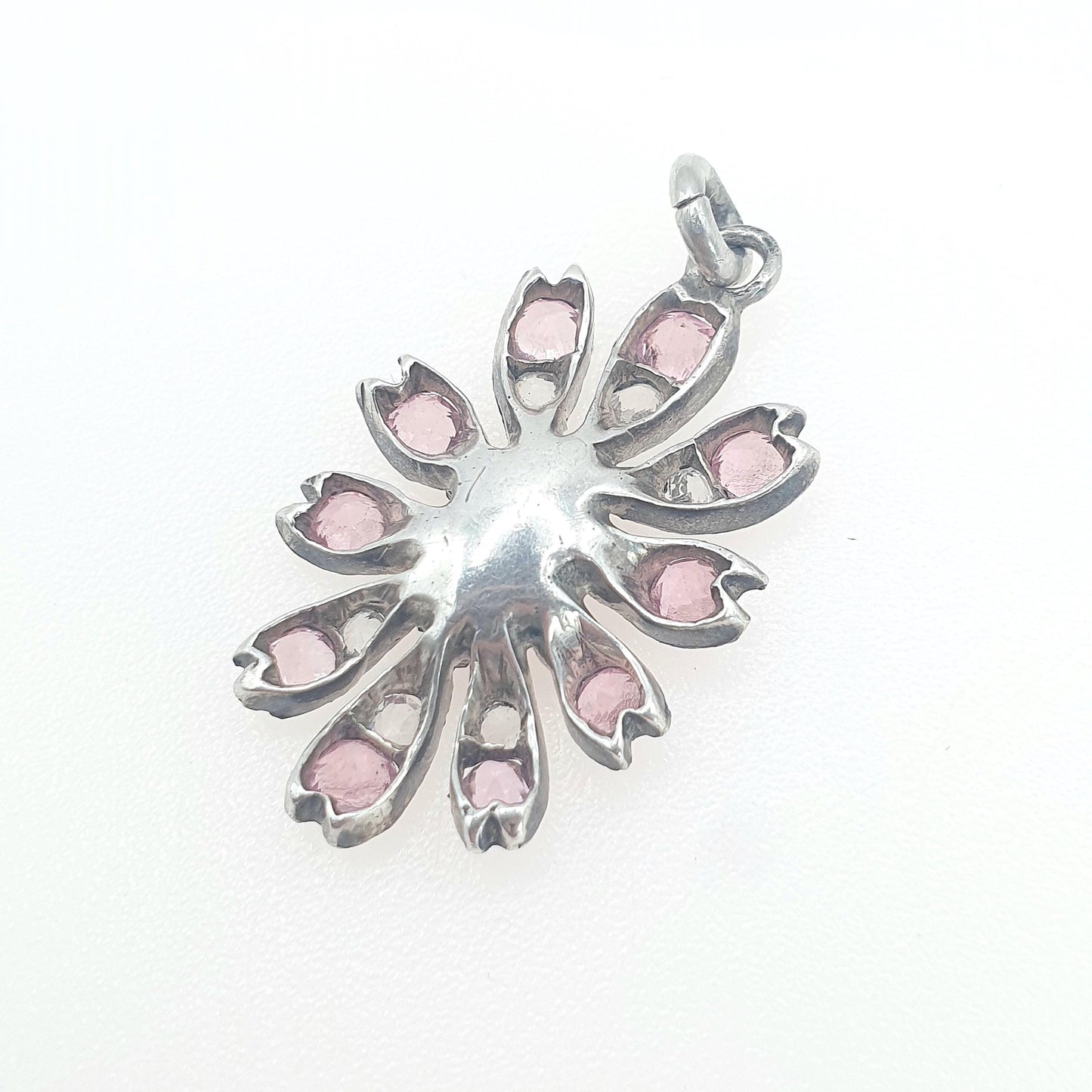 Antique Victorian Solid Silver Pink & White Paste Flower Pendant Handmade Art Nouveau Vintage Necklace Womens Jewelry Mens Jewellery