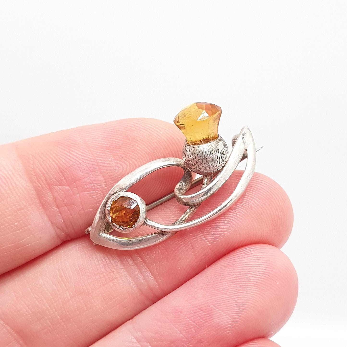 Antique Charles Horner Sterling Silver Citrine Paste Brooch Thistle Knot 1911 Hallmarked Art Nouveau Genuine CH Jewellery Womens Jewelry