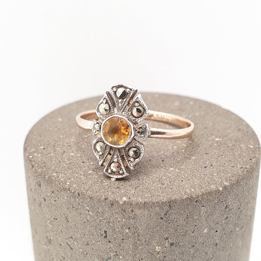 Antique 9ct Gold Citrine Ring Art Deco Marcasite Solid Silver 9k 375 Genuine Gemstone 1920s Vintage Cocktail Statement