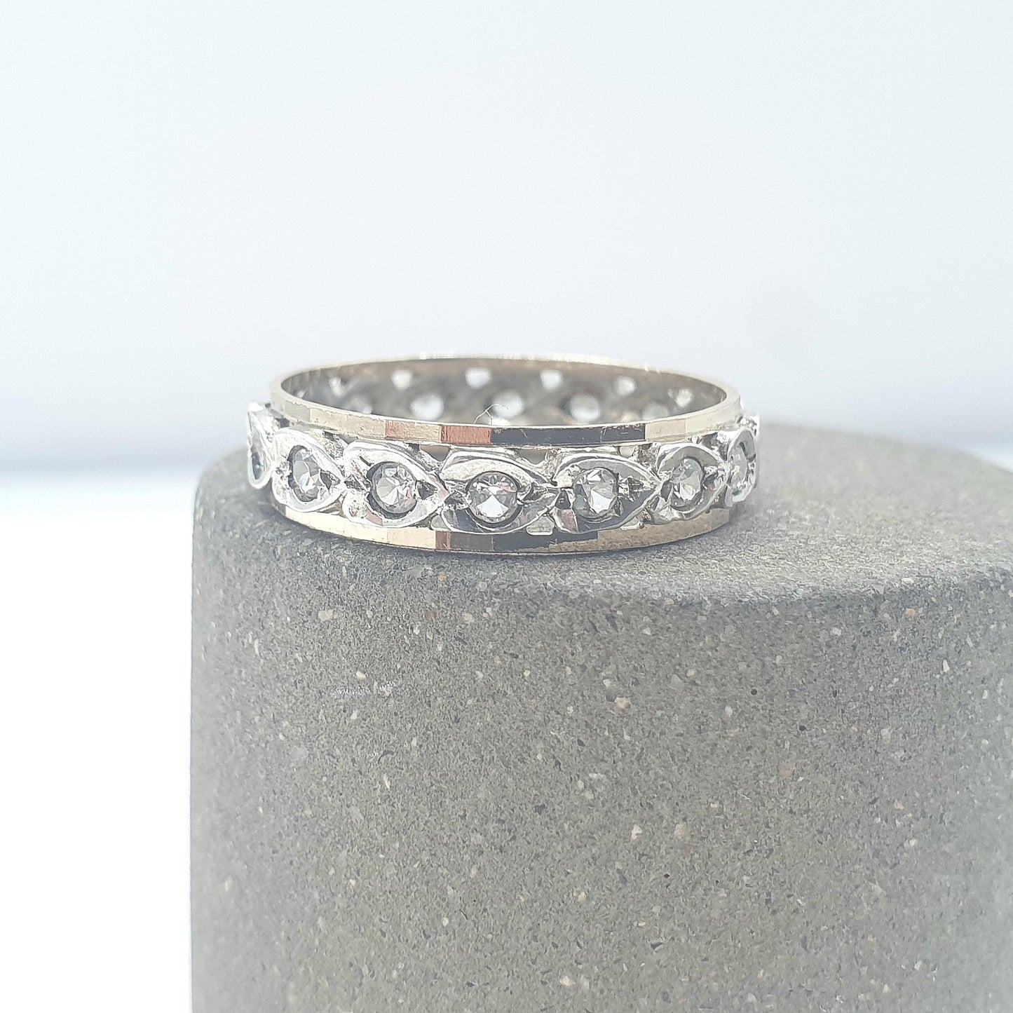 Antique 9ct 9k Gold Sterling Silver Eternity Ring Diamond White Spinel Band Art Deco Fine Estate Sparkly Full Womens Jewelry Jewellery