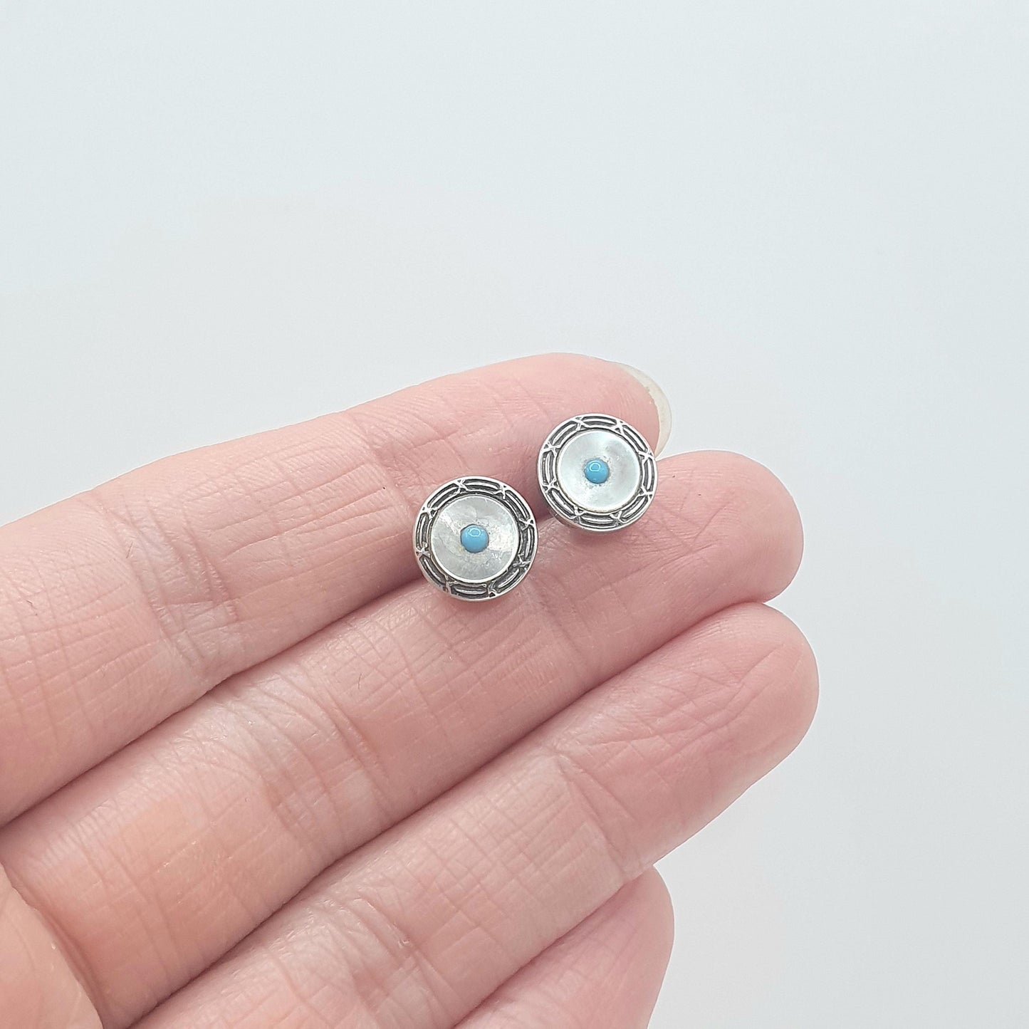 Antique Victorian Solid Silver Rim Turquoise Glass Earrings Mother of Pearl Stud Womens Round Vintage Ladies Jewellery Jewelry
