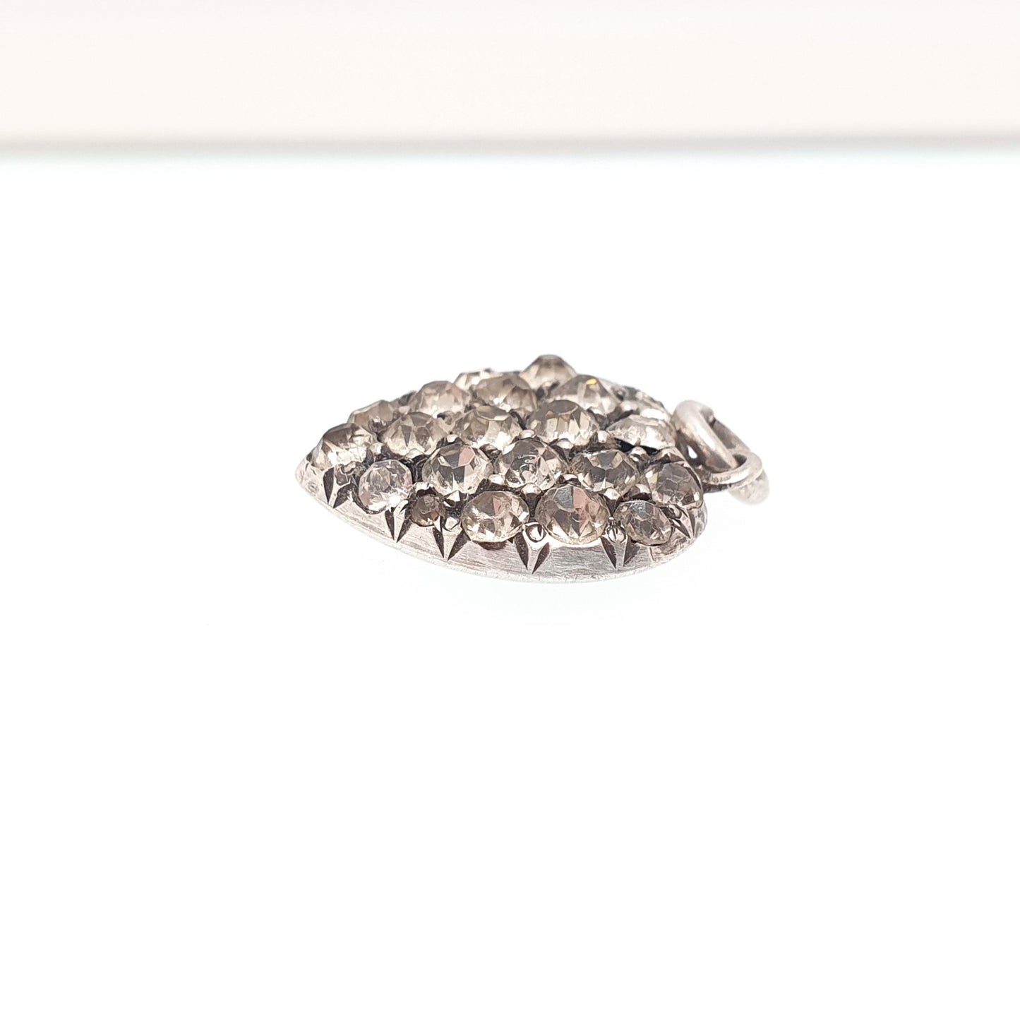Antique Solid Silver Diamond Paste Puffer Heart Pendant Necklace Victorian Charm Sparkly Vintage Womens Jewellery Jewelry