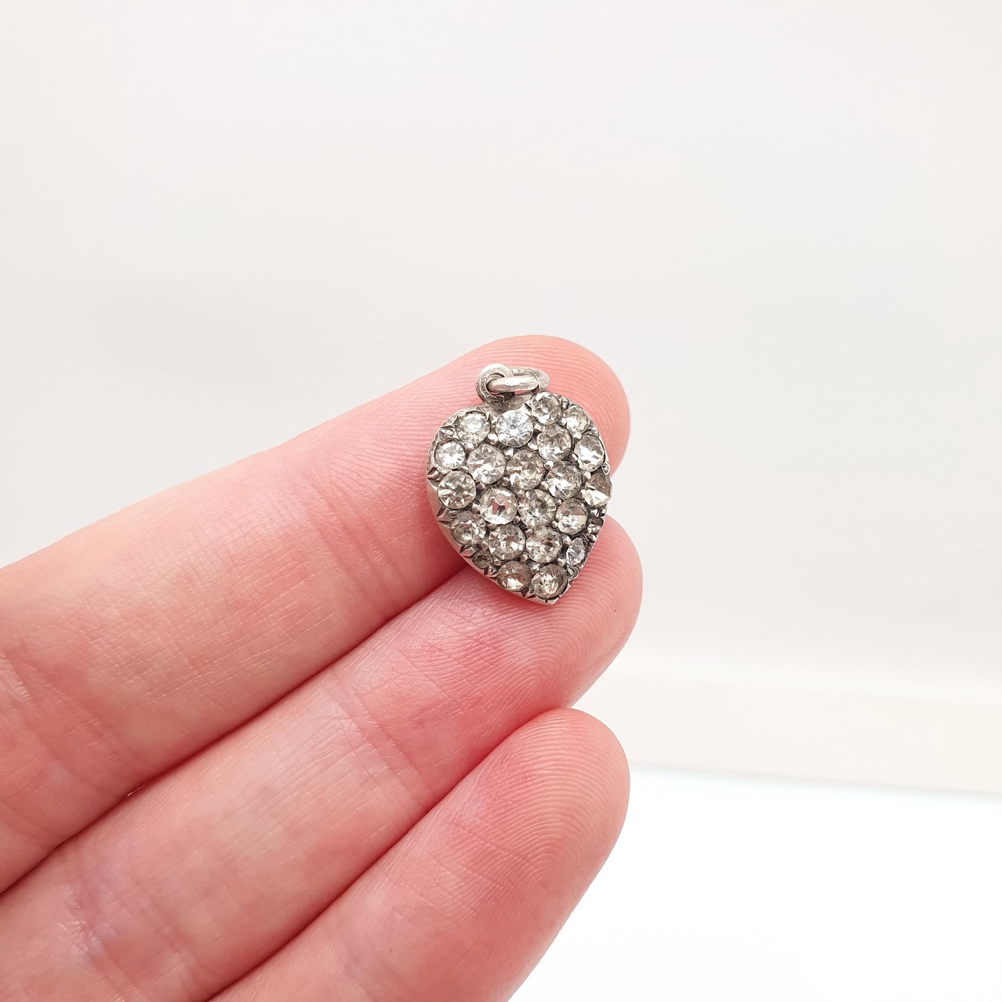 Antique Solid Silver Diamond Paste Puffer Heart Pendant Necklace Victorian Charm Sparkly Vintage Womens Jewellery Jewelry