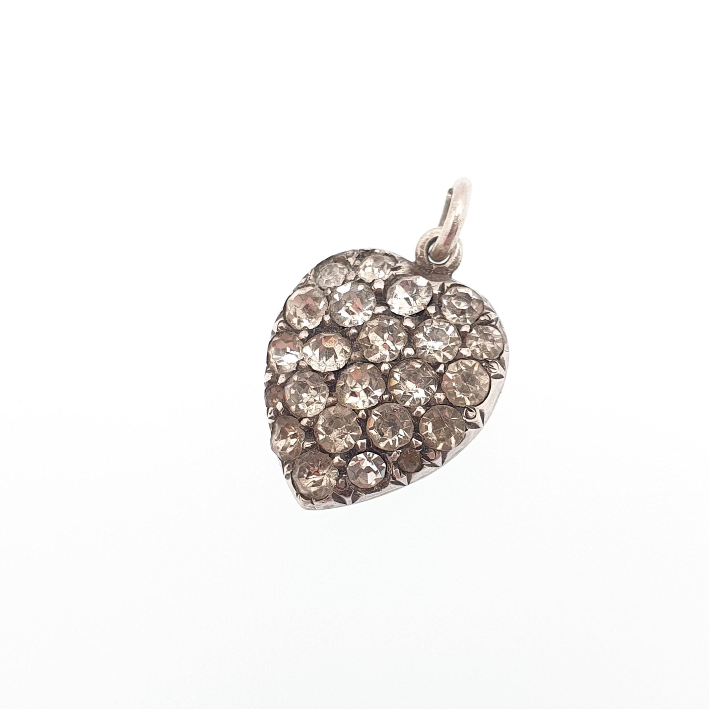 Antique Solid Silver Diamond Paste Puffer Heart Pendant Necklace Victorian Charm Sparkly Vintage Womens Jewellery Jewelry