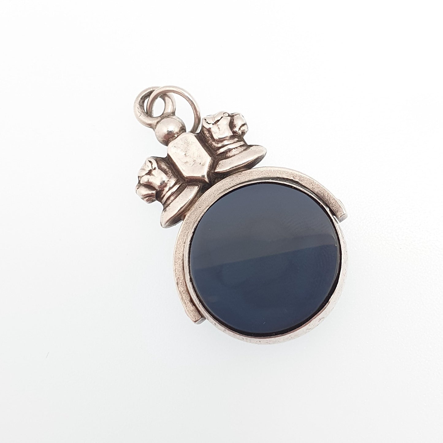 Antique Bulldog Pitbull Sterling Silver Spinner Fob Necklace Pendant Dog Dogs 1893 Hallmark Carnelian Agate Gemstone Vintage Jewelry