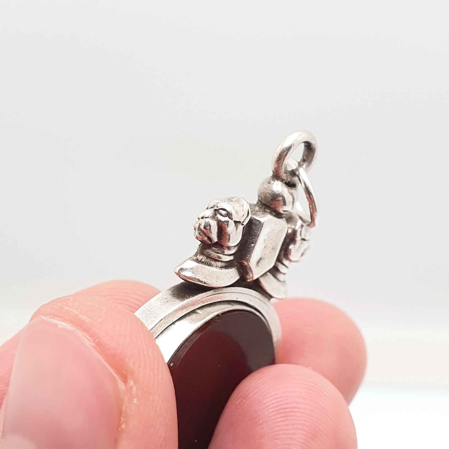 Antique Bulldog Pitbull Sterling Silver Spinner Fob Necklace Pendant Dog Dogs 1893 Hallmark Carnelian Agate Gemstone Vintage Jewelry
