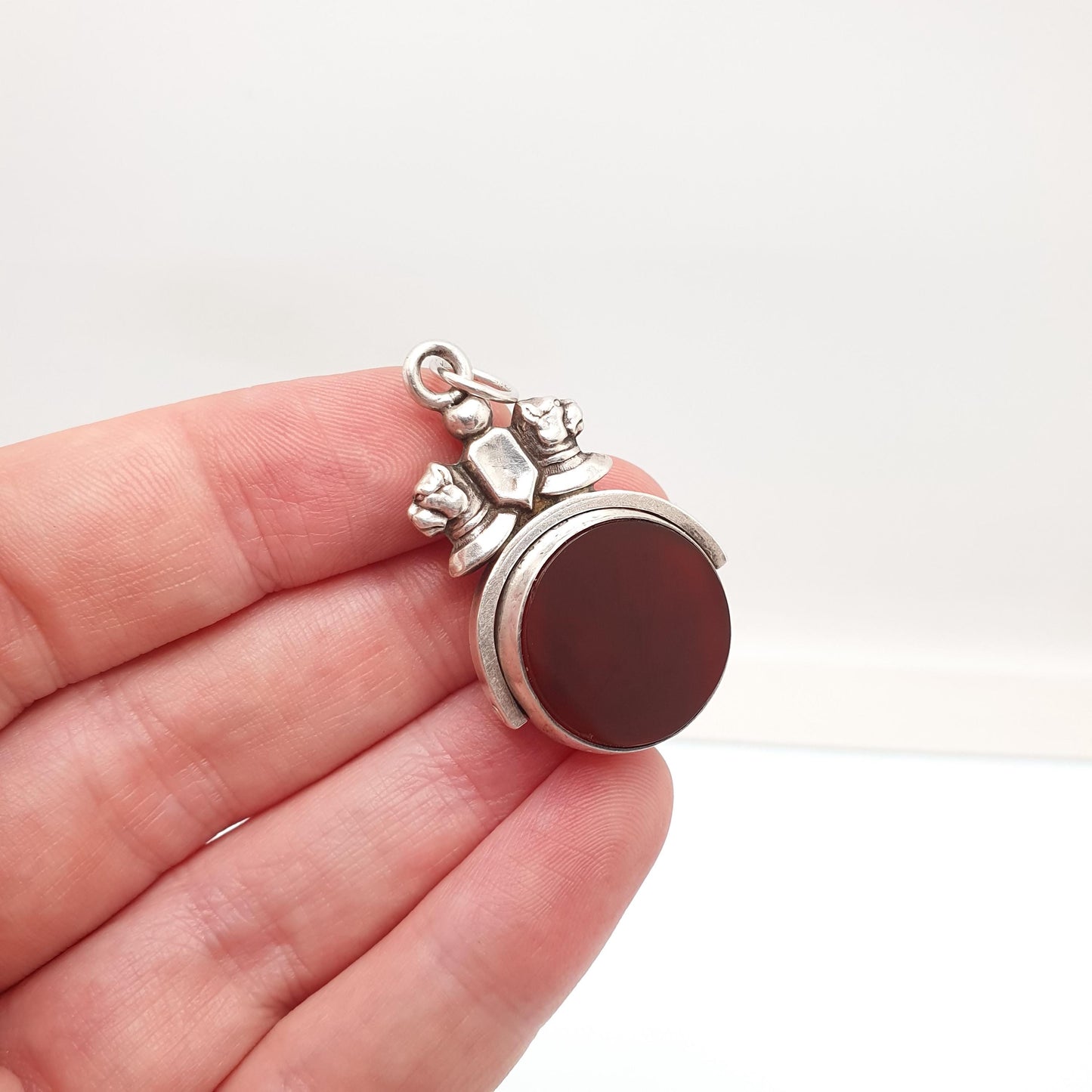 Antique Bulldog Pitbull Sterling Silver Spinner Fob Necklace Pendant Dog Dogs 1893 Hallmark Carnelian Agate Gemstone Vintage Jewelry