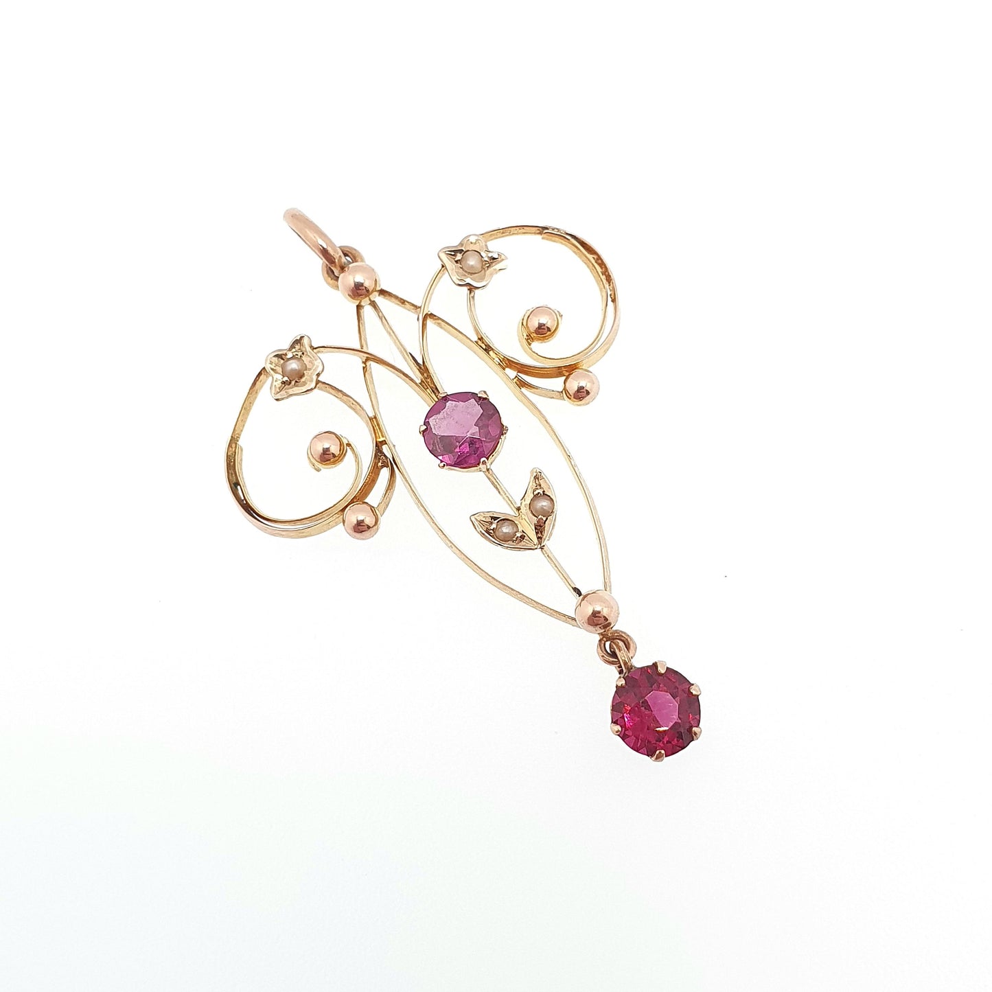 Antique 9ct Gold Pink Tourmaline Necklace Pendant Solid 9kt 9k Openwork Art Nouveau Edwardian Lavaliere Vintage Womens Jewelry Jewellery