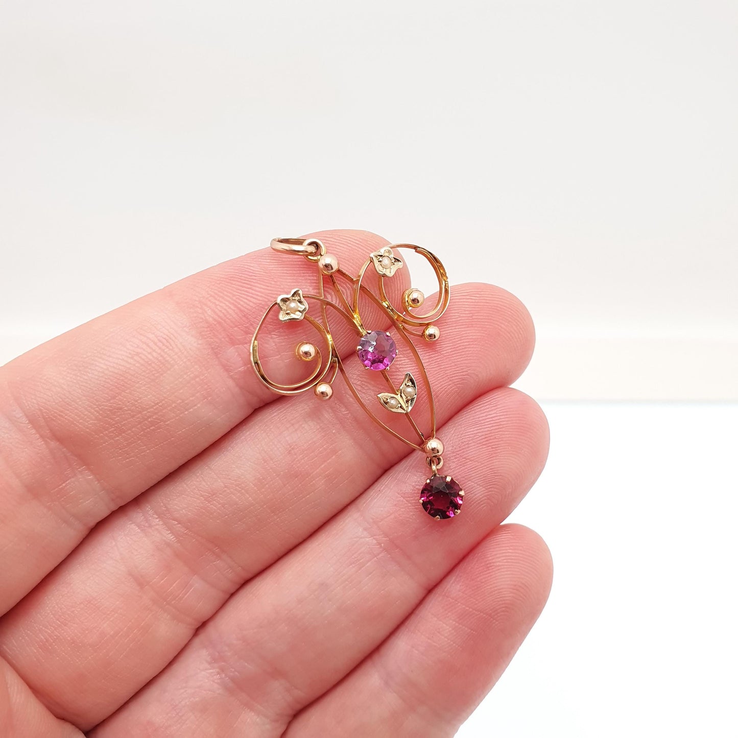 Antique 9ct Gold Pink Tourmaline Necklace Pendant Solid 9kt 9k Openwork Art Nouveau Edwardian Lavaliere Vintage Womens Jewelry Jewellery