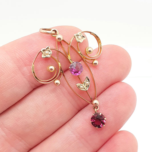 Antique 9ct Gold Pink Tourmaline Necklace Pendant Solid 9kt 9k Openwork Art Nouveau Edwardian Lavaliere Vintage Womens Jewelry Jewellery